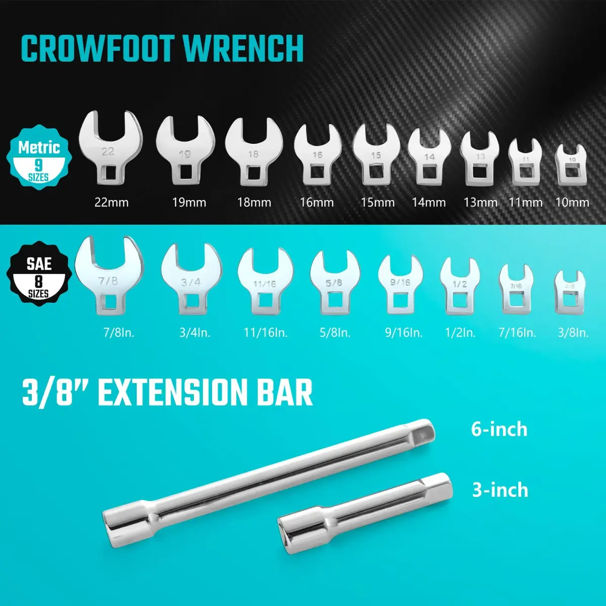 DURATECH 19-Piece 3/8" Drive Crowfoot Wrench Set with 2 Extension Bars | Metric & SAE for Tight Spaces - view 3