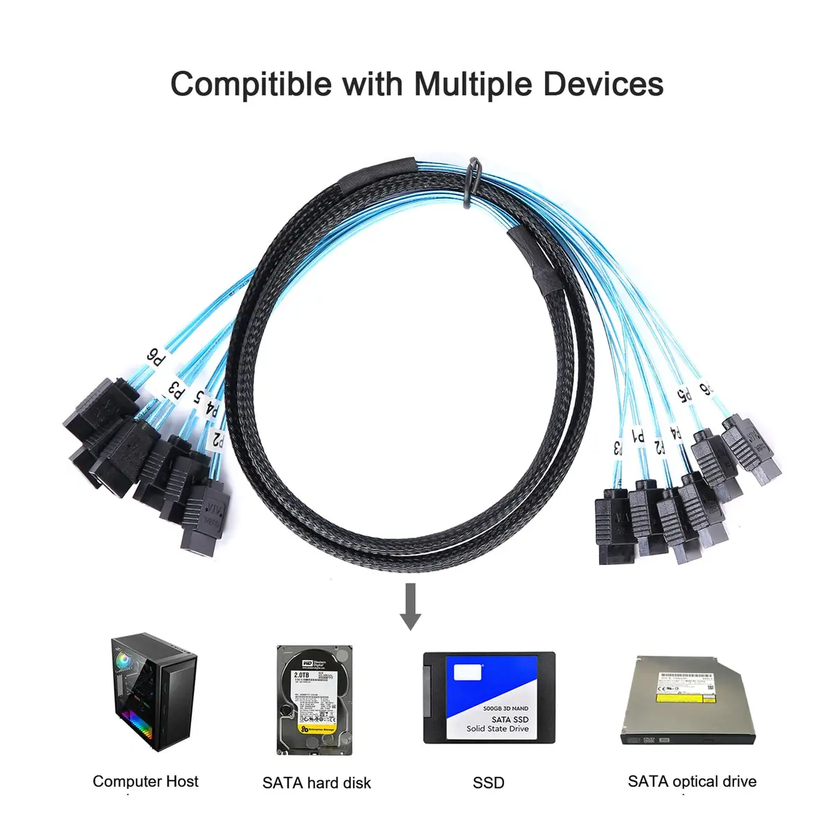 ADCAUDX SATA-III Cable-0.5M | 6 Pack Data Cables for HDD/SSD, SATA 7 Pin, 6Gbps, Nylon Braided - view 6