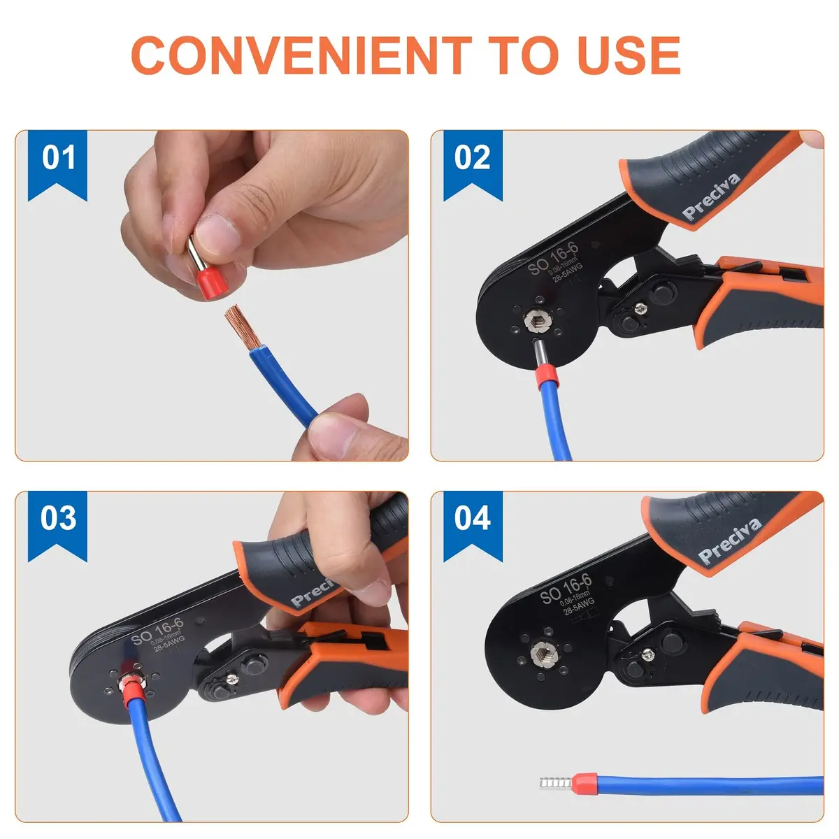 Preciva Hexagonal Ferrule Crimper Self-Adjusting Wire Crimping Pliers AWG 28-5 | Precise Hex Jaw, Ergonomic Handle, 6-Month Warranty - view 5