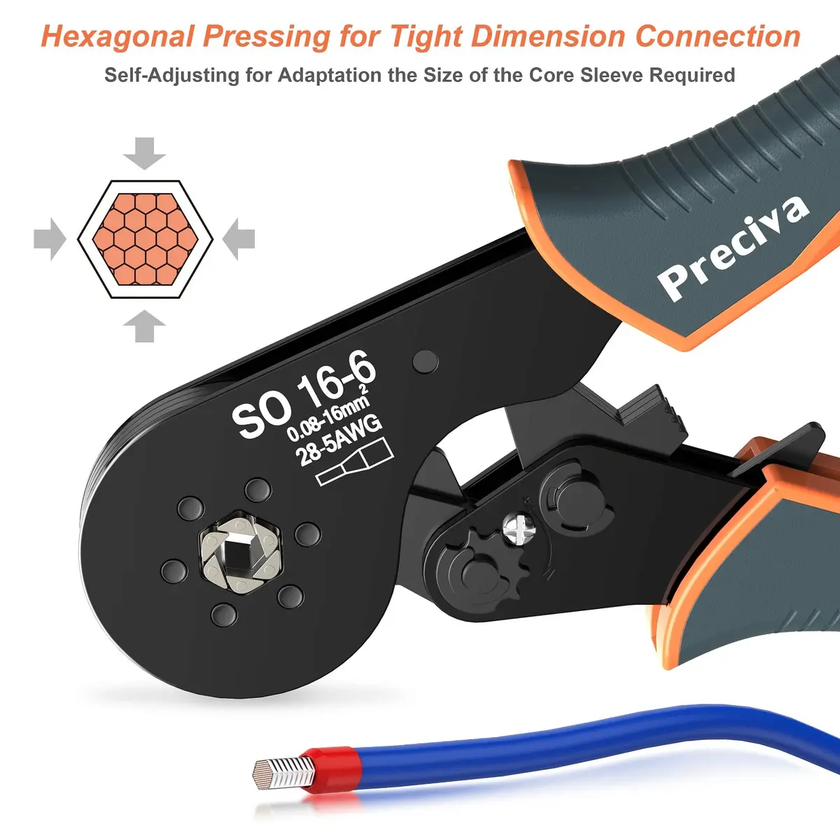 Preciva Hexagonal Ferrule Crimper Self-Adjusting Wire Crimping Pliers AWG 28-5 | Precise Hex Jaw, Ergonomic Handle, 6-Month Warranty - view 3