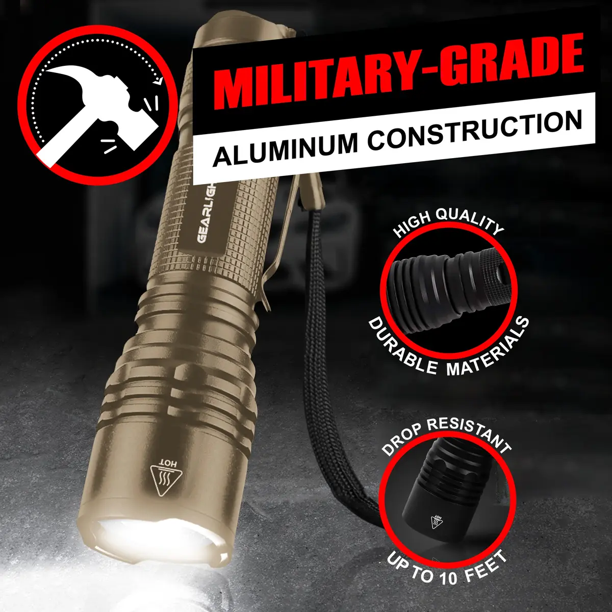 GearLight TAC LED Flashlight Pack - 2 Compact Tactical Flashlights with High Lumens for Outdoor & Emergency Use - Desert Tan - view 5