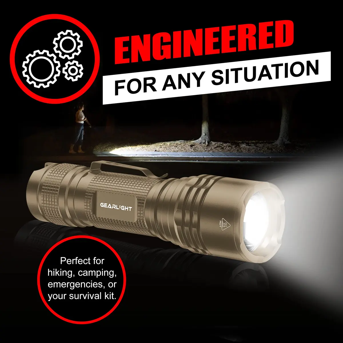 GearLight TAC LED Flashlight Pack - 2 Compact Tactical Flashlights with High Lumens for Outdoor & Emergency Use - Desert Tan - view 8