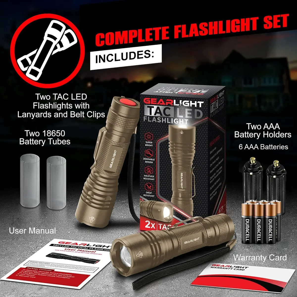GearLight TAC LED Flashlight Pack - 2 Compact Tactical Flashlights with High Lumens for Outdoor & Emergency Use - Desert Tan - view 3