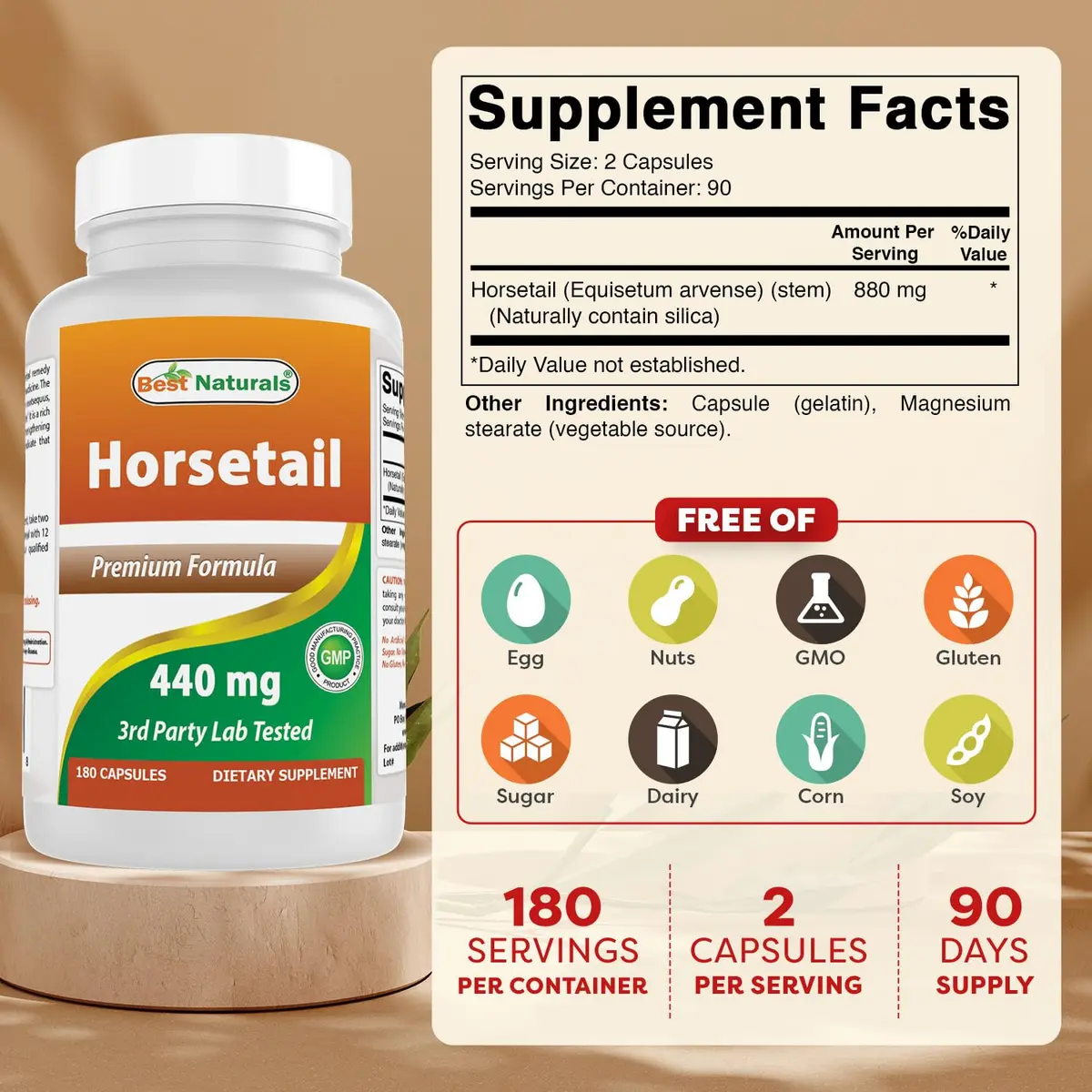 Best Naturals Horsetail 440 mg 180 Capsules | Gluten-Free, Non-GMO, Made in USA - view 2