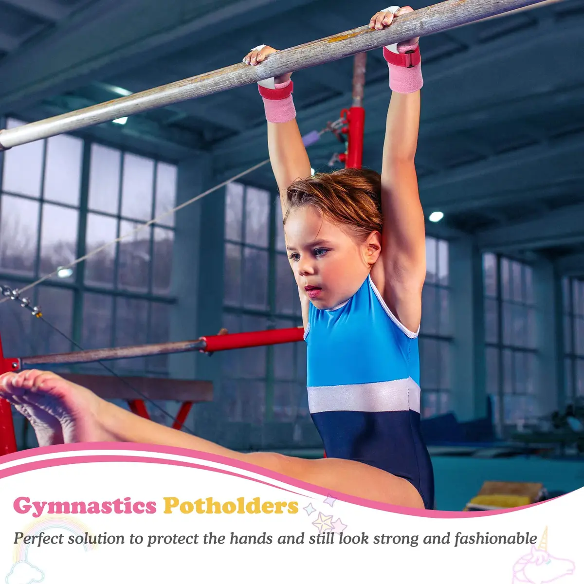 Skylety Gymnastic Grips for Kids, Unicorn Pattern with Pink Wristbands | Comfortable, Adjustable Fit - view 5