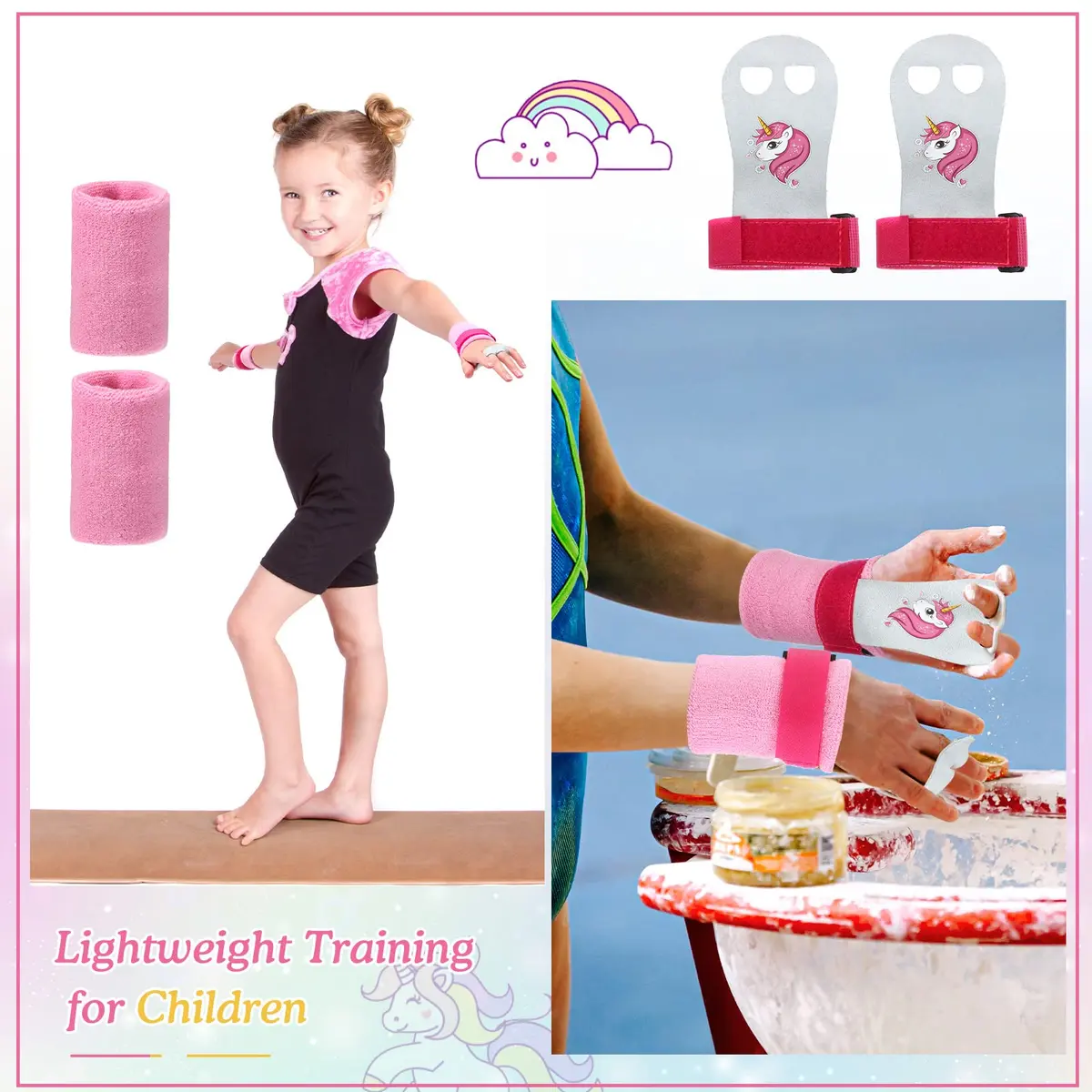 Skylety Gymnastic Grips for Kids, Unicorn Pattern with Pink Wristbands | Comfortable, Adjustable Fit - view 7