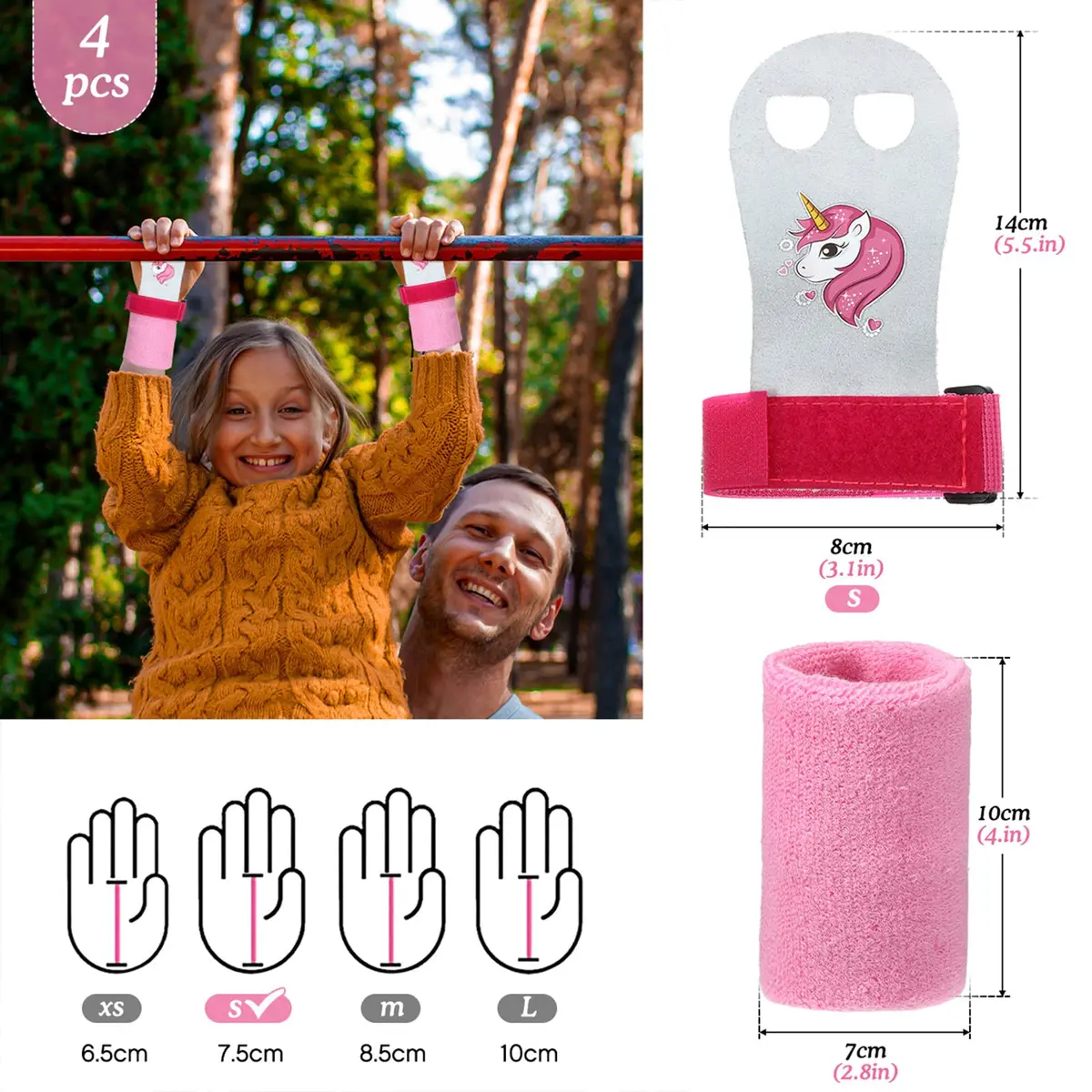 Skylety Gymnastic Grips for Kids, Unicorn Pattern with Pink Wristbands | Comfortable, Adjustable Fit - view 2