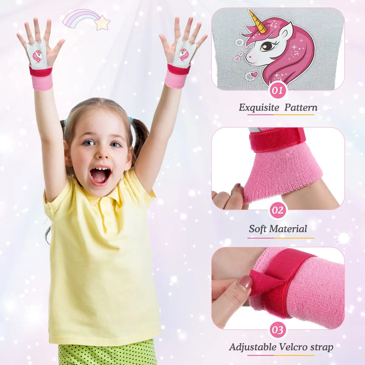 Skylety Gymnastic Grips for Kids, Unicorn Pattern with Pink Wristbands | Comfortable, Adjustable Fit - view 3
