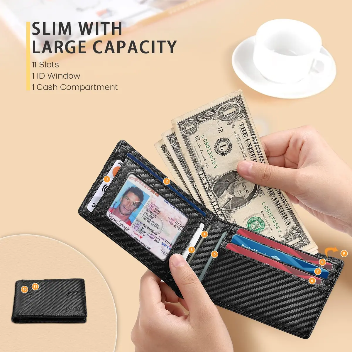 Zitahli Slim RFID Leather Bifold Wallet for Men, Carbon Black | 11.2 cm (4.4 in) x 8 cm (3.1 in) x 1.2 cm (0.5 in) - view 5