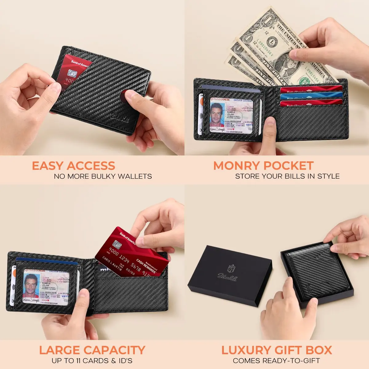 Zitahli Slim RFID Leather Bifold Wallet for Men, Carbon Black | 11.2 cm (4.4 in) x 8 cm (3.1 in) x 1.2 cm (0.5 in) - view 2