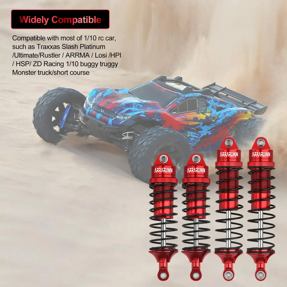 ARRAROWN 4PCS RC Car Shock Set 100mm/90mm Front & 115mm/105mm Rear | CNC Machined Alloy Upgrade - view 2