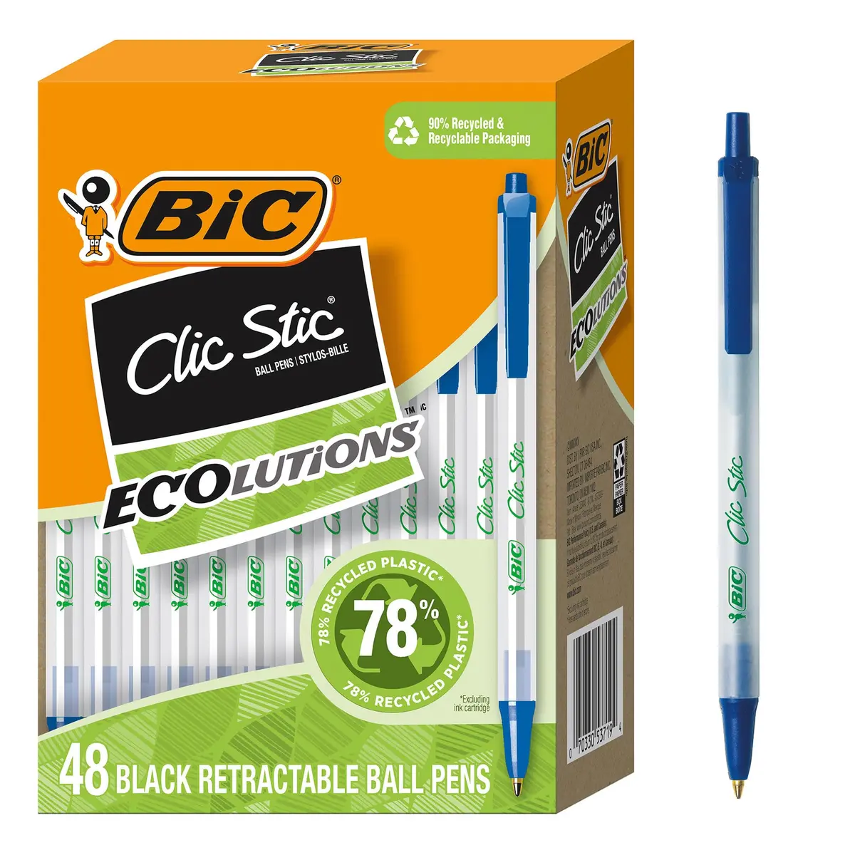 BIC Ecolutions Clic Stic Blue Ballpoint Pens, Medium Point, 48-Count | Smooth Ink Flow - main product image