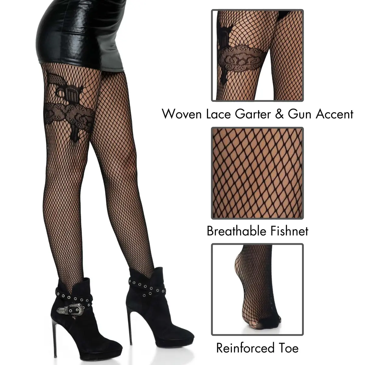 Leg Avenue Women Gunslinger Tights, Black, One Size | Edgy Fishnet with Revolver Accent (70-120 chars) - view 4