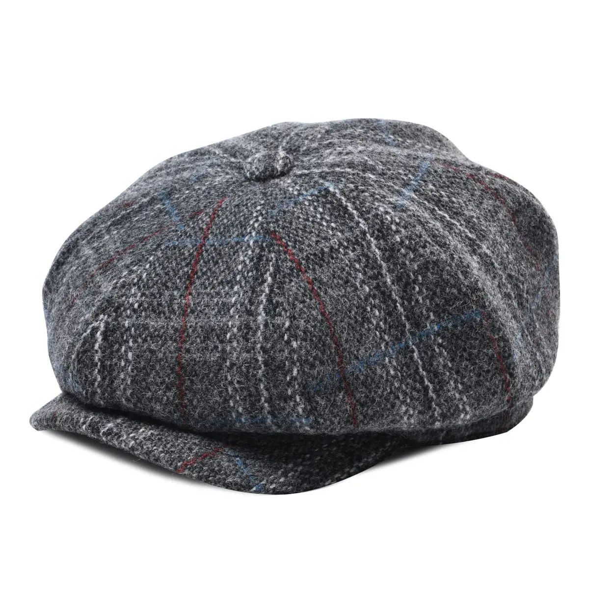 BOTVELA Wool Blend Newsboy Flat Cap Plaid Grey 7 7/8 | Classic 8 Panel Tweed Hat for Men - main product image
