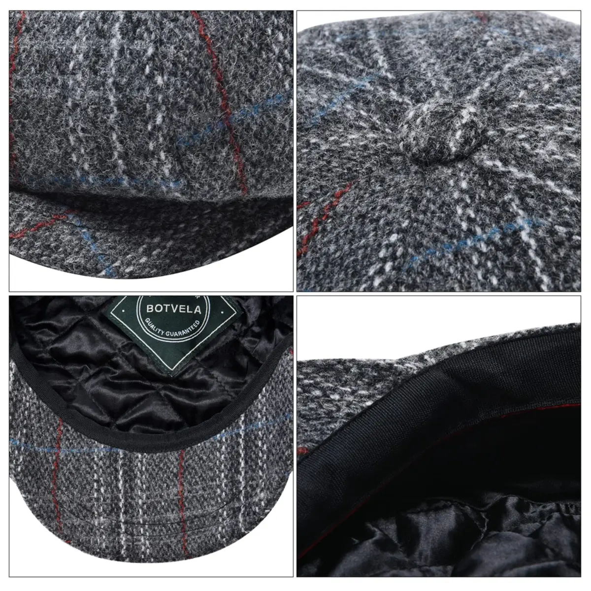 BOTVELA Wool Blend Newsboy Flat Cap Plaid Grey 7 7/8 | Classic 8 Panel Tweed Hat for Men - view 7
