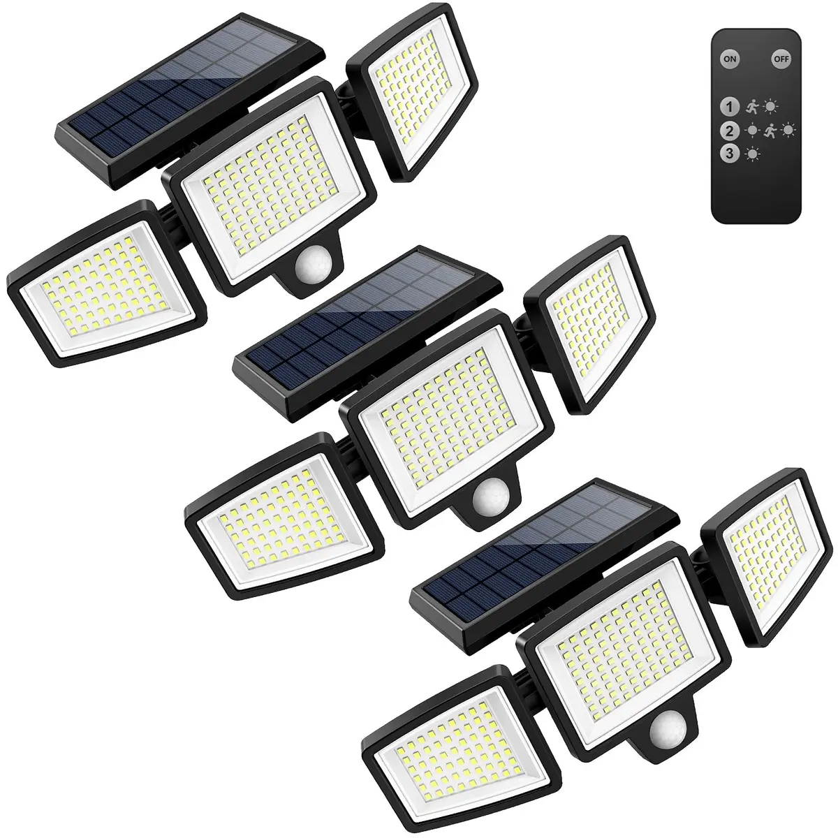 Tuffenough Solar Outdoor Lights 2500LM 210 LED Security Lights with Remote Control, 3 Heads, Waterproof IP65, 270° Flood Wall Lights (3 Pack) - main product image