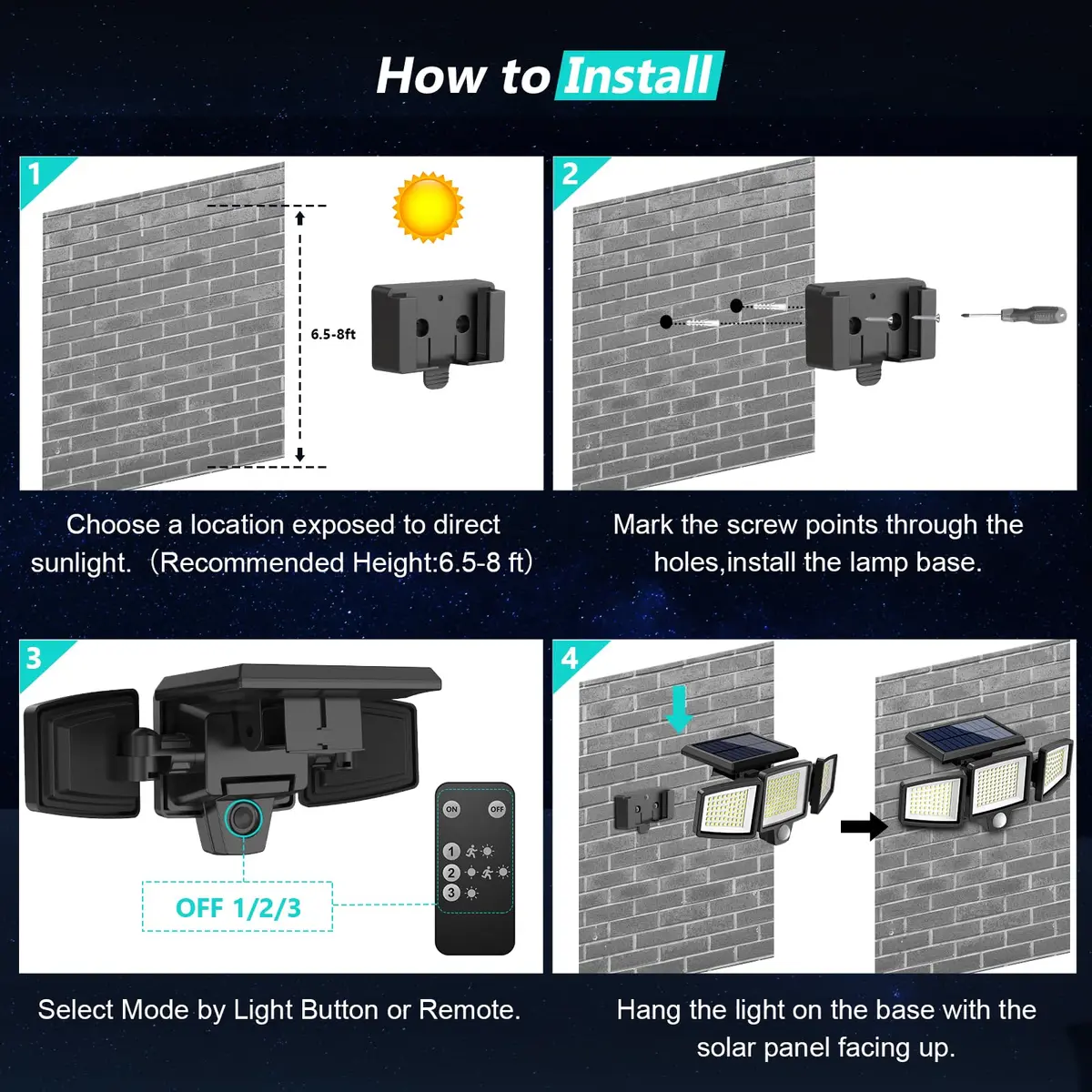 Tuffenough Solar Outdoor Lights 2500LM 210 LED Security Lights with Remote Control, 3 Heads, Waterproof IP65, 270° Flood Wall Lights (3 Pack) - view 7