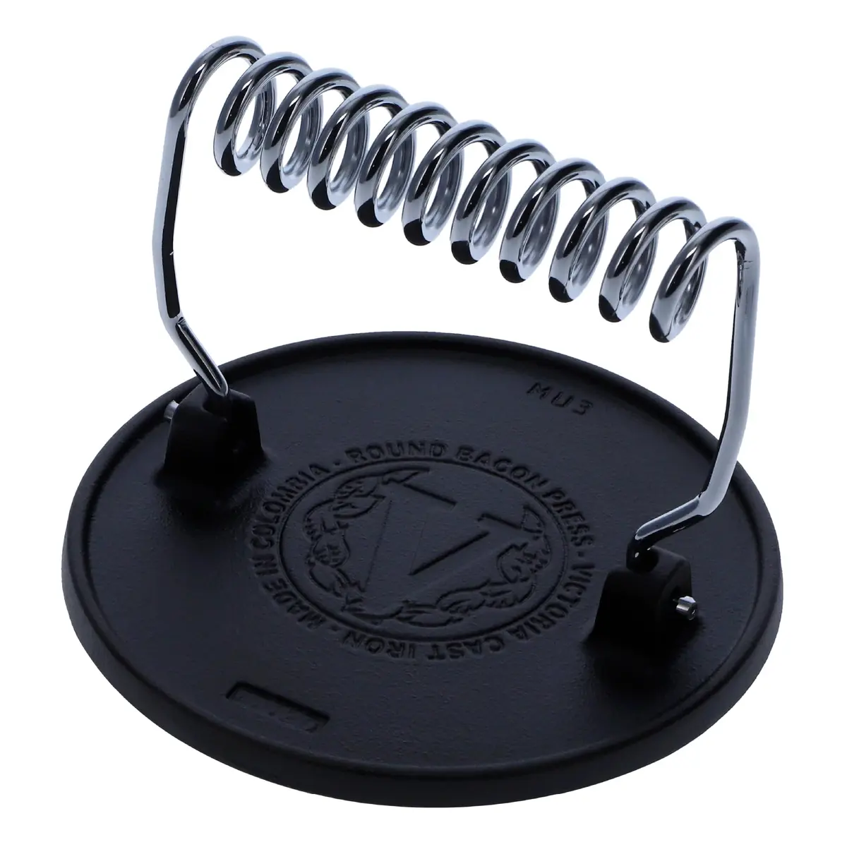 Victoria Round Cast-Iron Meat Press with Wire Handle 2.4 lbs | Preseasoned, Durable & Versatile - main product image