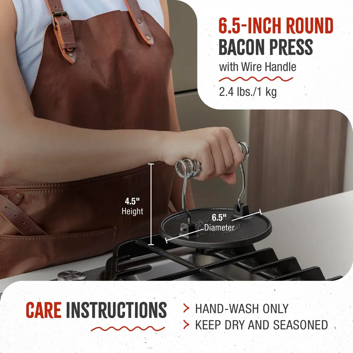 Victoria Round Cast-Iron Meat Press with Wire Handle 2.4 lbs | Preseasoned, Durable & Versatile - view 6