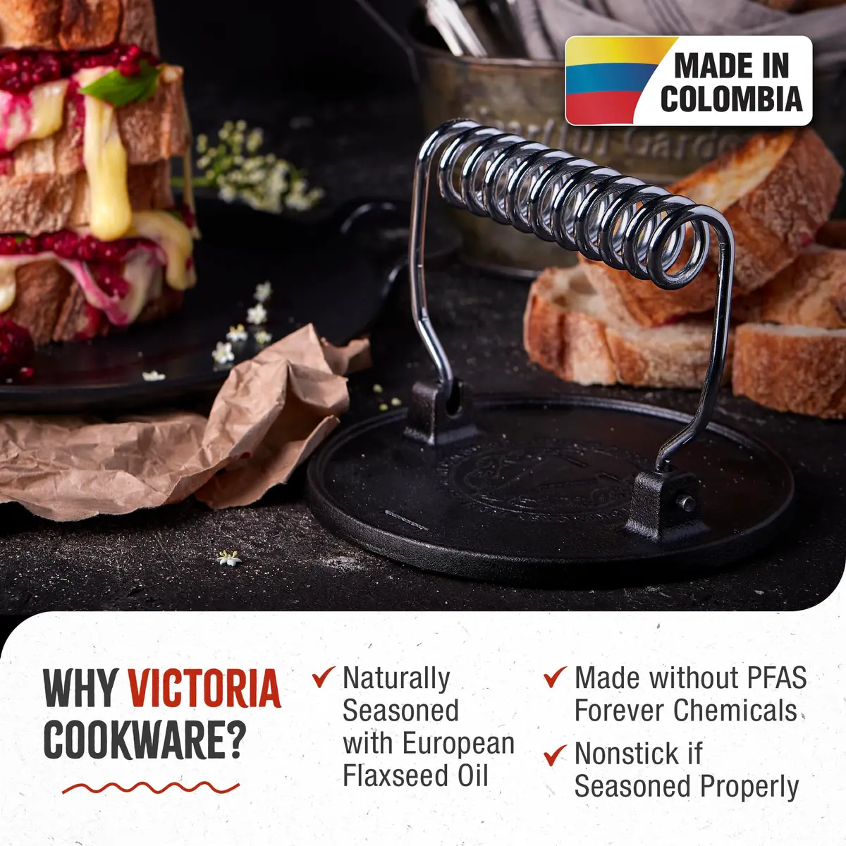 Victoria Round Cast-Iron Meat Press with Wire Handle 2.4 lbs | Preseasoned, Durable & Versatile - view 2