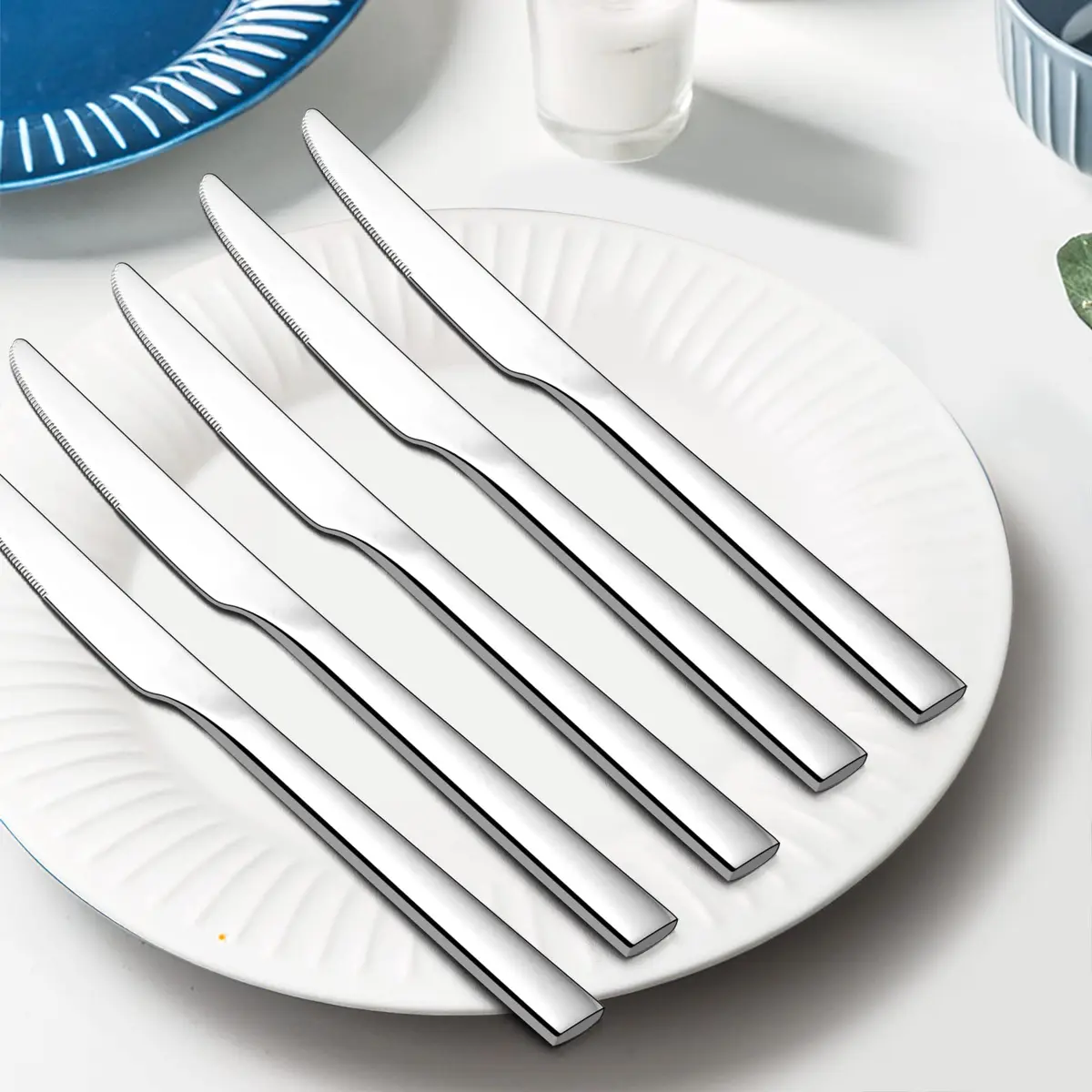 E-far 12-Piece Serrated Steak Knives Set 8.9 Inch | Modern Square Edge, Mirror Finish, Dishwasher Safe - view 3