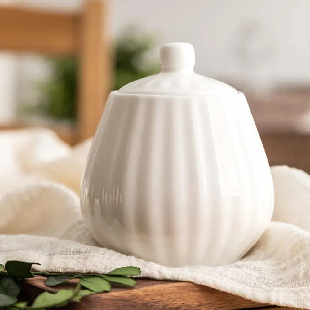 Bicuzat White Strip Porcelain Sugar Bowl and Creamer Set with Lid, 10 OZ & 13 OZ | Elegant Serveware for Indian Homes - view 5