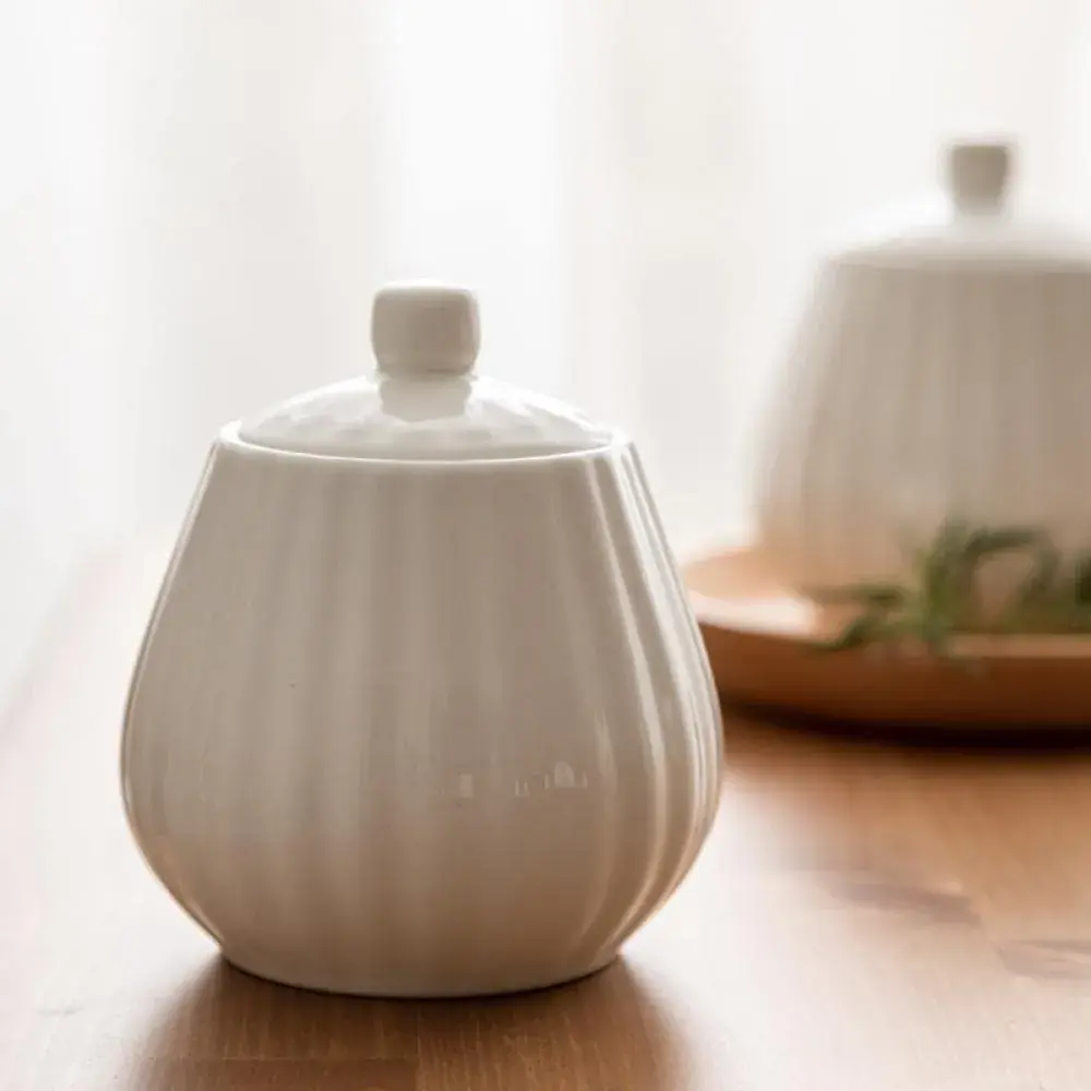 Bicuzat White Strip Porcelain Sugar Bowl and Creamer Set with Lid, 10 OZ & 13 OZ | Elegant Serveware for Indian Homes - view 2