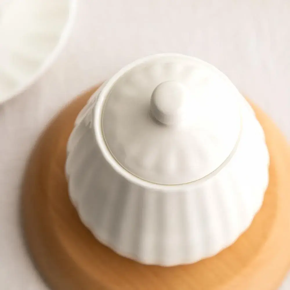 Bicuzat White Strip Porcelain Sugar Bowl and Creamer Set with Lid, 10 OZ & 13 OZ | Elegant Serveware for Indian Homes - view 3
