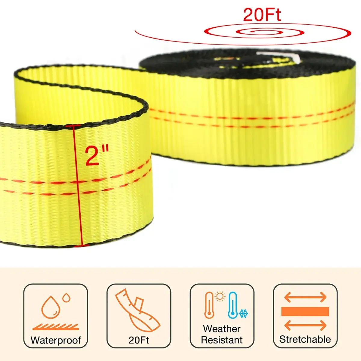 sumpluct Heavy Duty Tow Strap 2" x 20 Ft (4.54 kg / 9072 kg) | Recovery Strap with Reinforced Loops - view 4