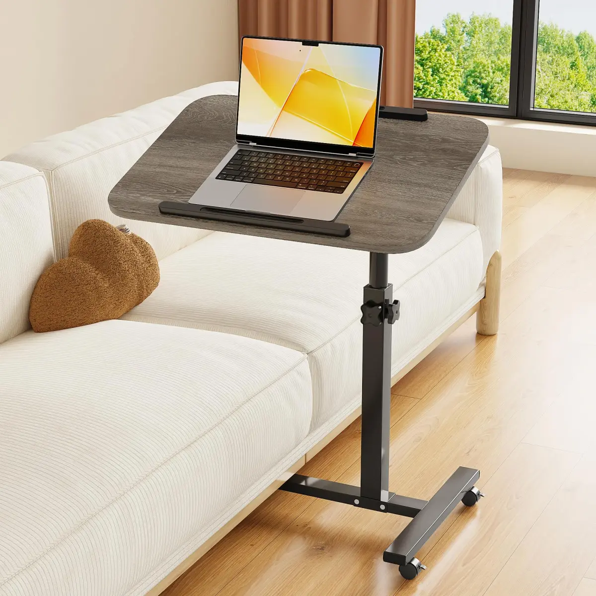 Furist Adjustable Overbed Bedside Table with Wheels, Oak Grey | 93cm (36.6") Height | Modern Style - main product image
