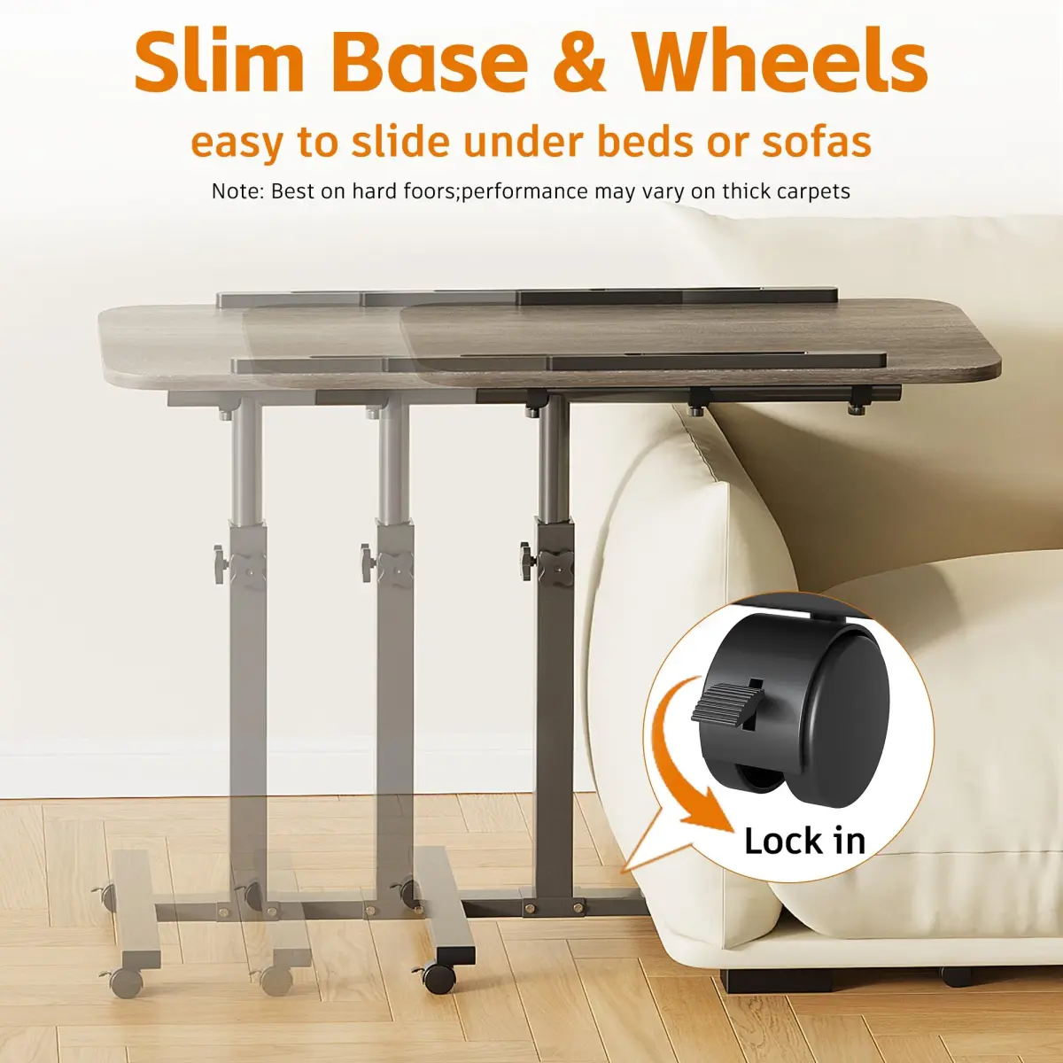 Furist Adjustable Overbed Bedside Table with Wheels, Oak Grey | 93cm (36.6") Height | Modern Style - view 9