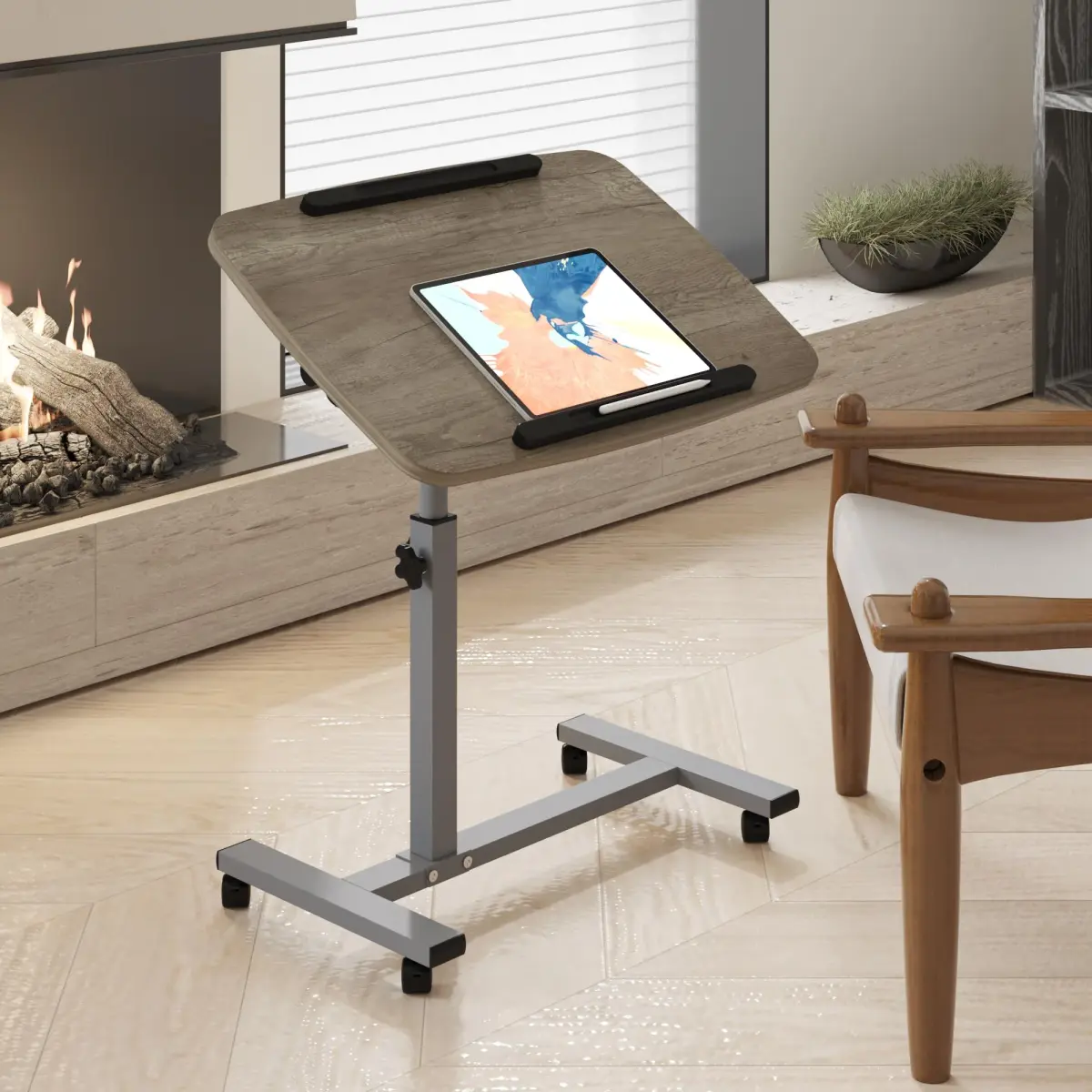 Furist Adjustable Overbed Bedside Table with Wheels, Oak Grey | 93cm (36.6") Height | Modern Style - view 3