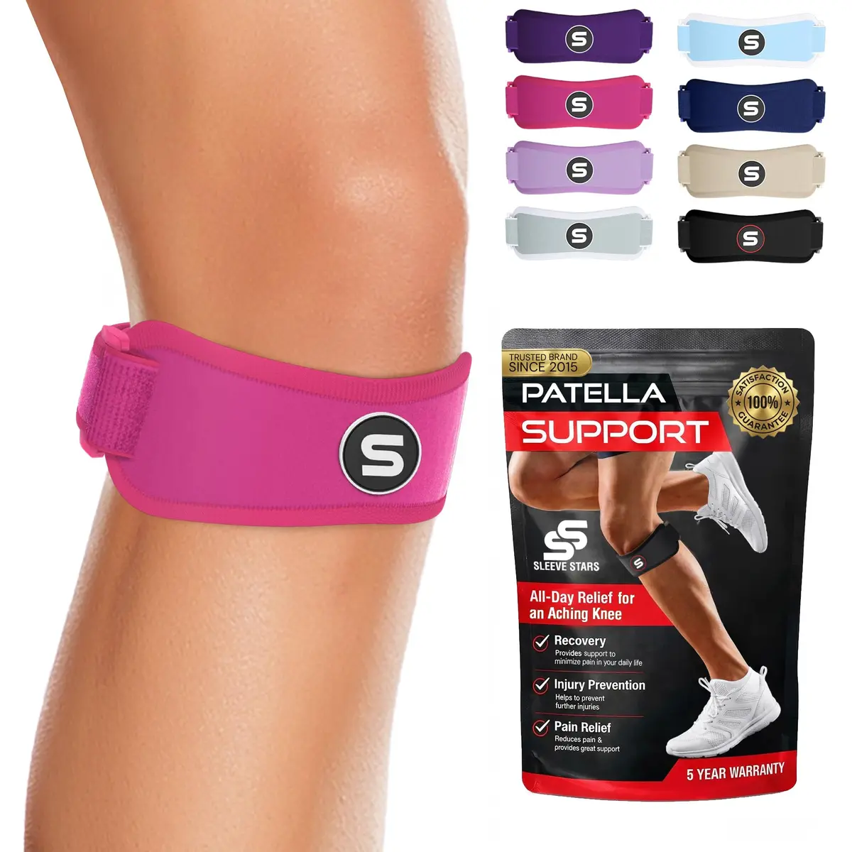 SS SLEEVE STARS Patellar Tendon Support Strap for Knee Pain Relief - Adjustable Fit for Adults & Youth - Hot Pink - main product image