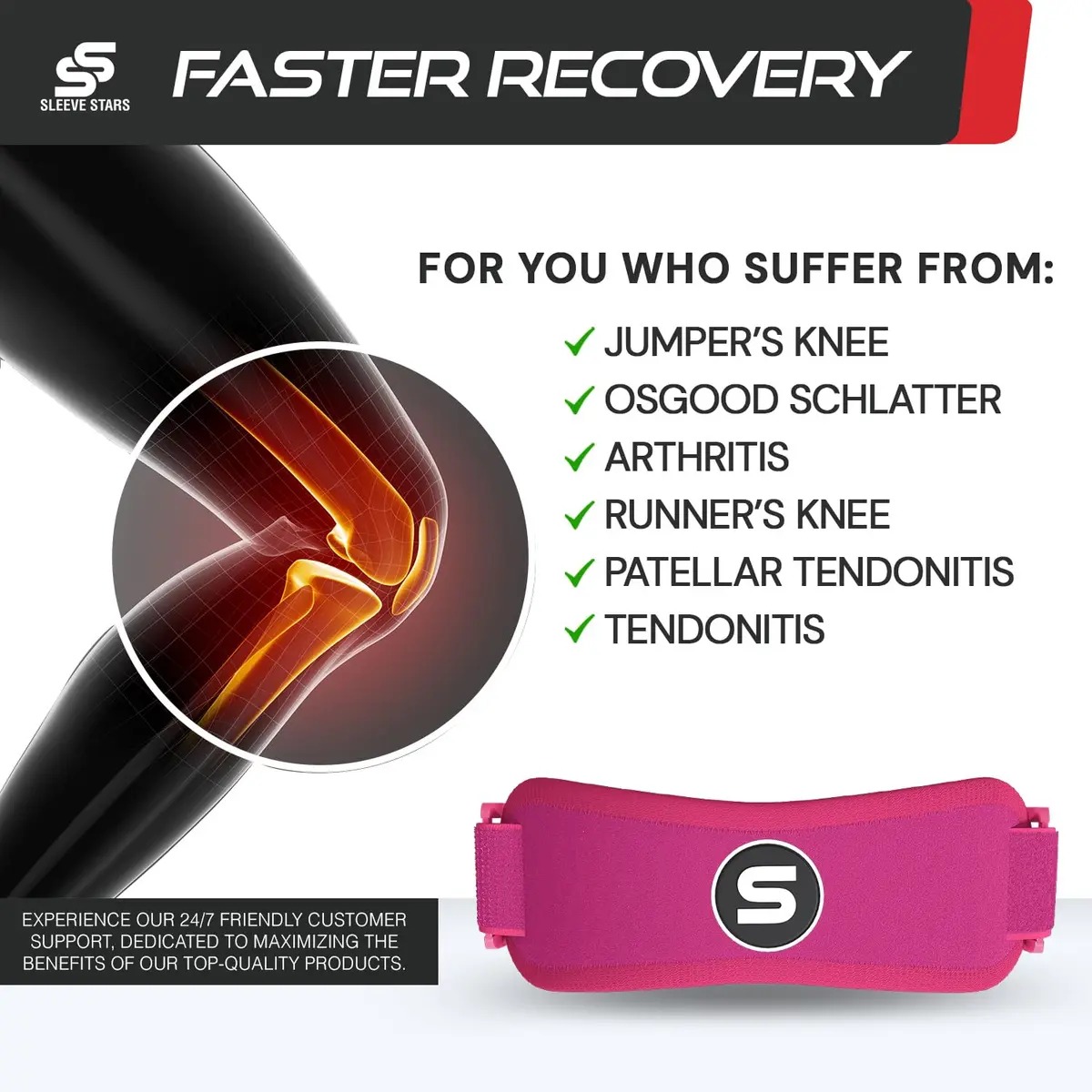 SS SLEEVE STARS Patellar Tendon Support Strap for Knee Pain Relief - Adjustable Fit for Adults & Youth - Hot Pink - view 2