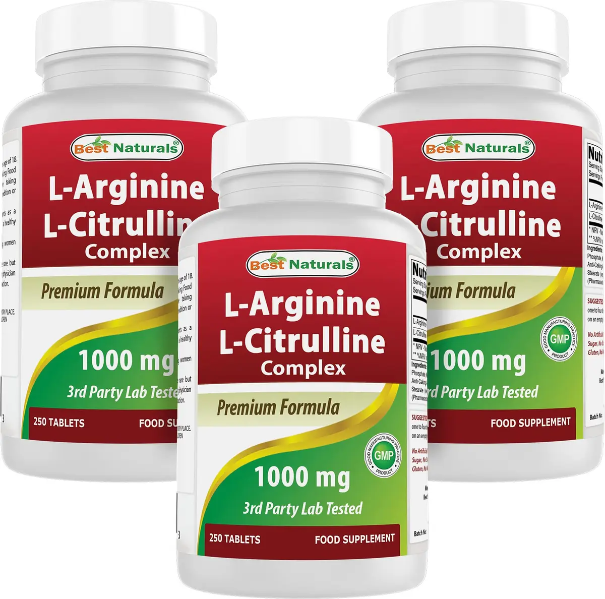 Best Naturals L-Arginine L-Citrulline Complex 1000 mg 750 Tablets (250 Count x 3 Bottles) | 3rd Party Lab Tested for Purity & Quality - main product image