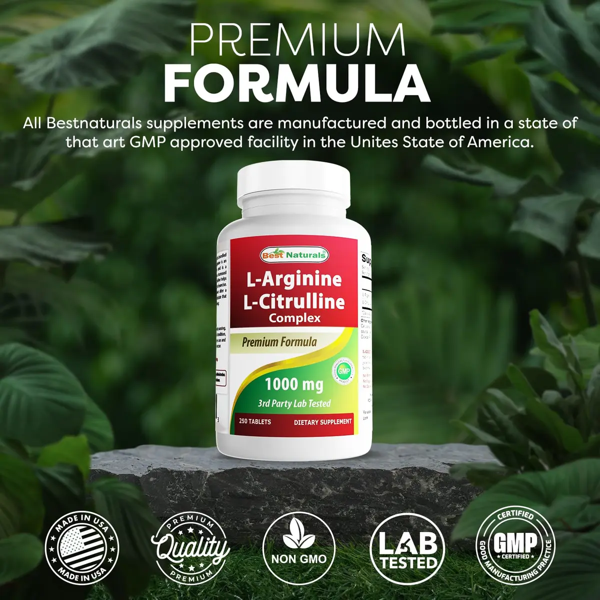 Best Naturals L-Arginine L-Citrulline Complex 1000 mg 750 Tablets (250 Count x 3 Bottles) | 3rd Party Lab Tested for Purity & Quality - view 5