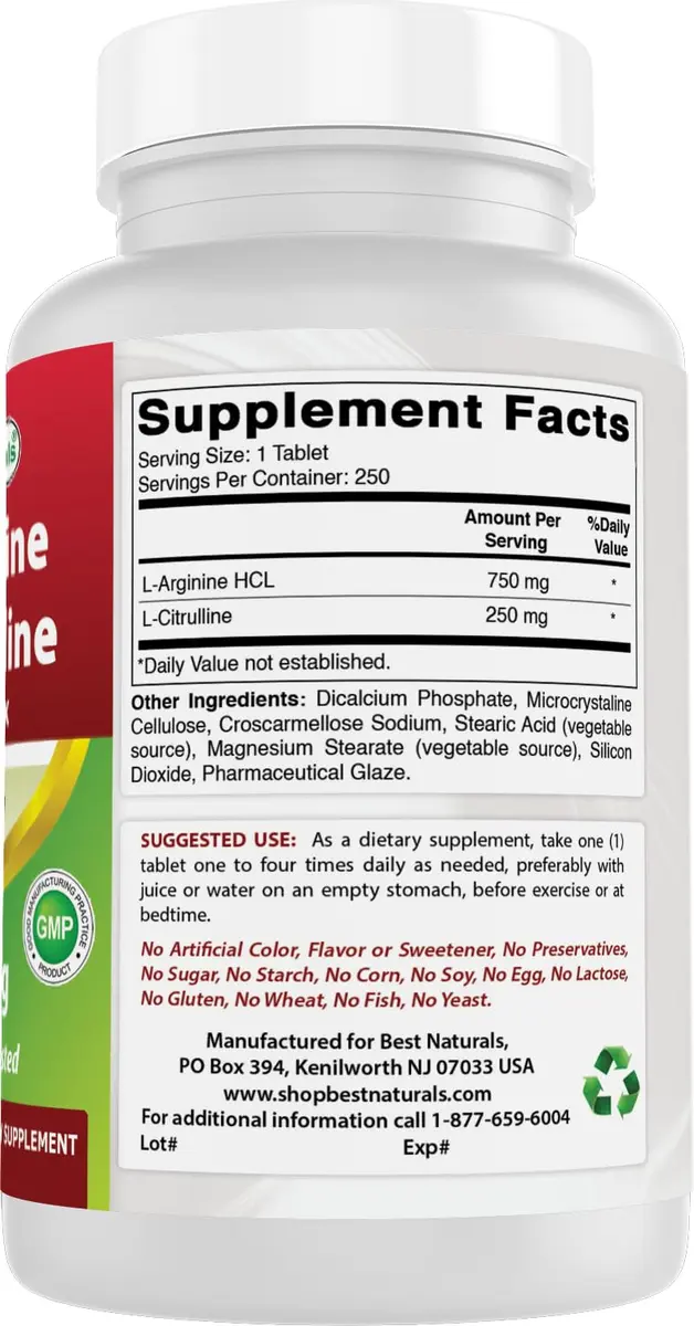 Best Naturals L-Arginine L-Citrulline Complex 1000 mg 750 Tablets (250 Count x 3 Bottles) | 3rd Party Lab Tested for Purity & Quality - view 6