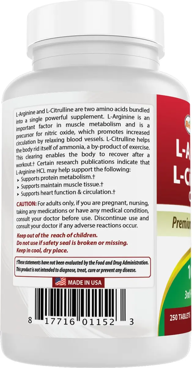 Best Naturals L-Arginine L-Citrulline Complex 1000 mg 750 Tablets (250 Count x 3 Bottles) | 3rd Party Lab Tested for Purity & Quality - view 7