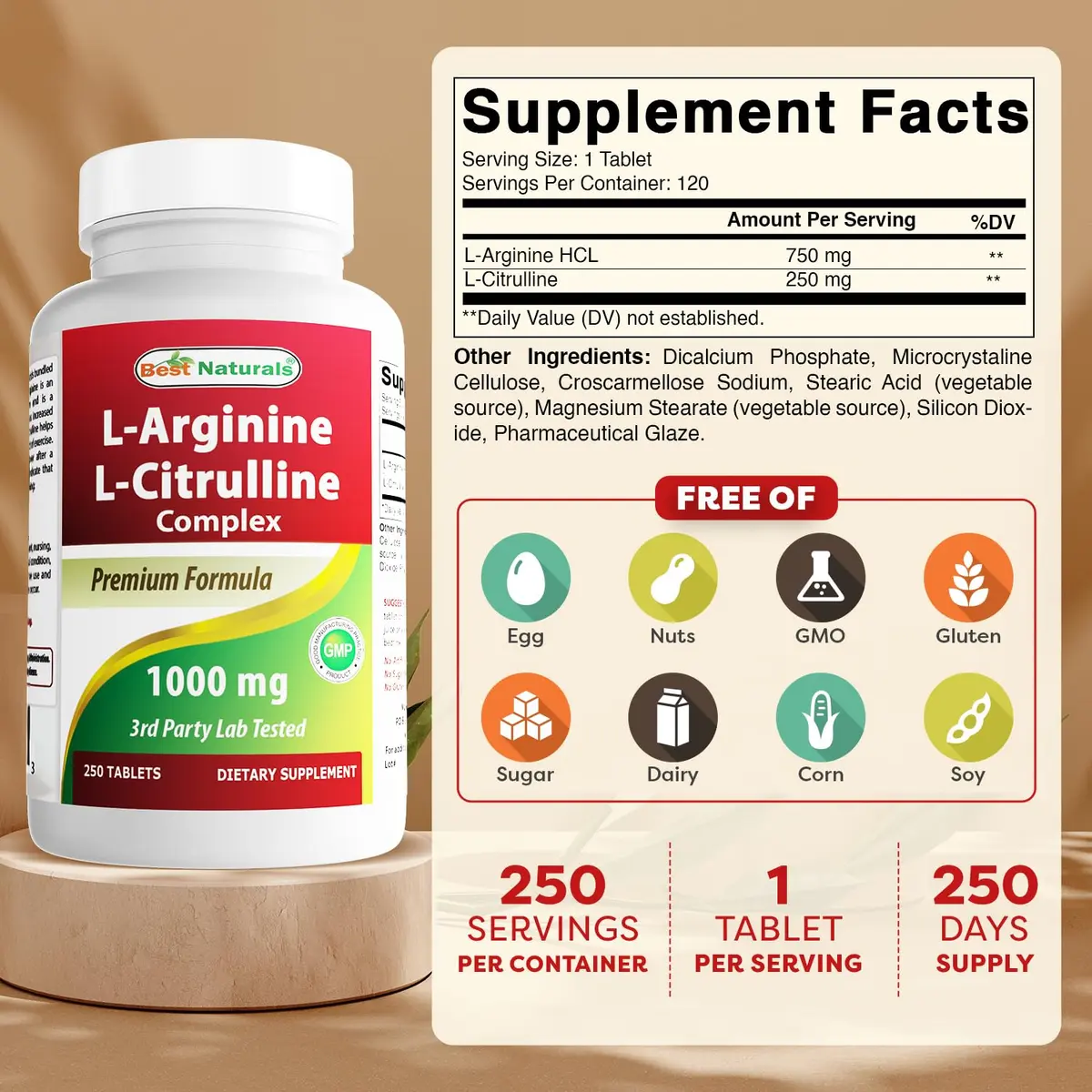 Best Naturals L-Arginine L-Citrulline Complex 1000 mg 750 Tablets (250 Count x 3 Bottles) | 3rd Party Lab Tested for Purity & Quality - view 2