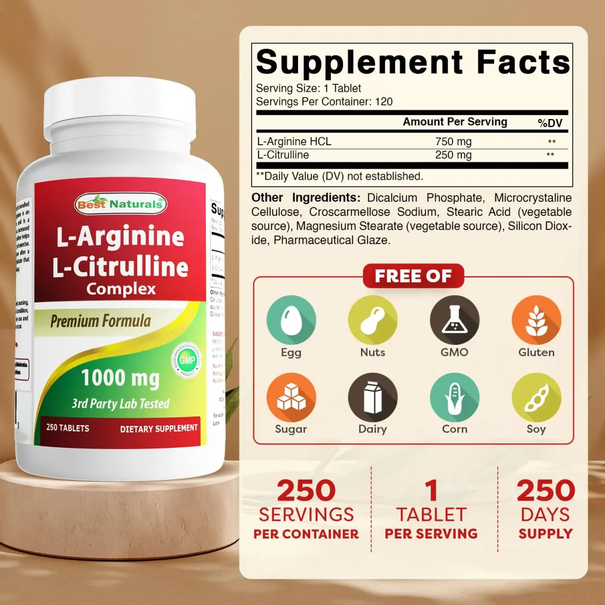 Best Naturals L-Arginine L-Citrulline Complex 1000 mg 500 Tablets (250 Count x 2) | 3rd Party Tested for Purity & Quality - view 2