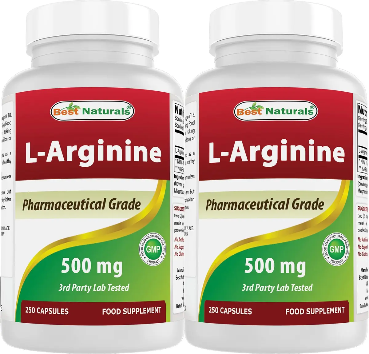 Best Naturals L-Arginine 500mg 250 Capsules | 2-Pack, Unflavoured, USA Import - main product image