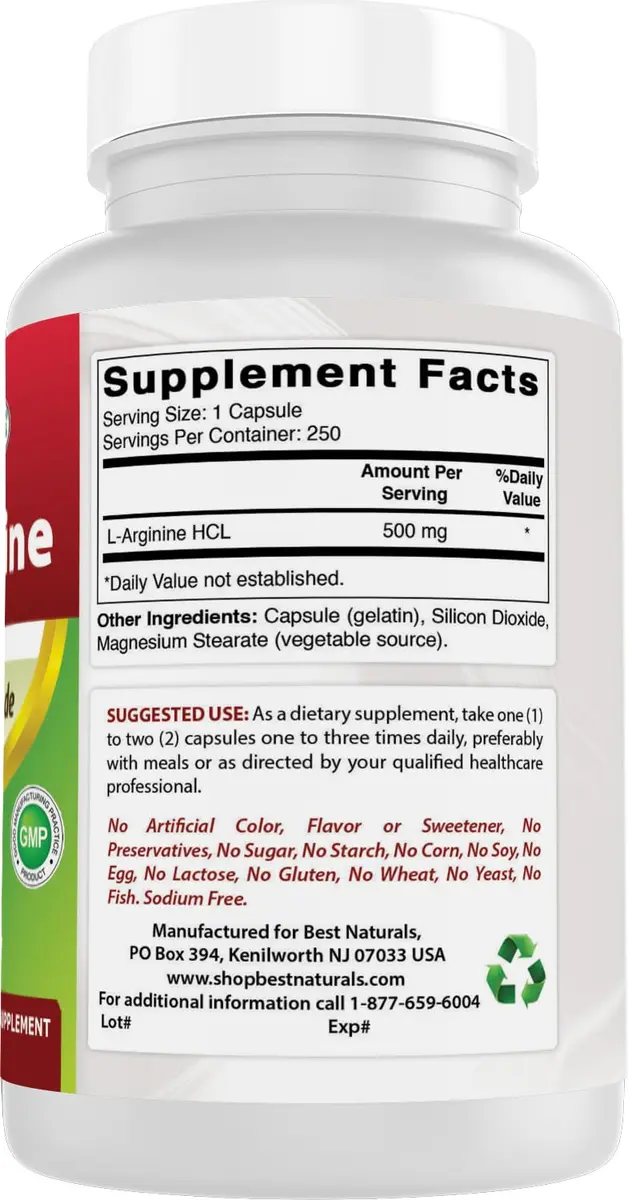 Best Naturals L-Arginine 500mg 250 Capsules | 2-Pack, Unflavoured, USA Import - view 6