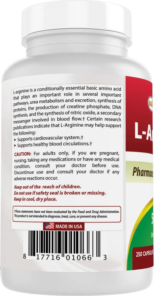 Best Naturals L-Arginine 500mg 250 Capsules | 2-Pack, Unflavoured, USA Import - view 7