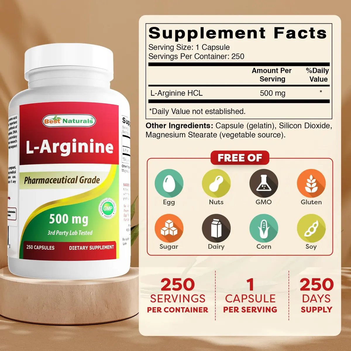 Best Naturals L-Arginine 500mg 250 Capsules | 2-Pack, Unflavoured, USA Import - view 2