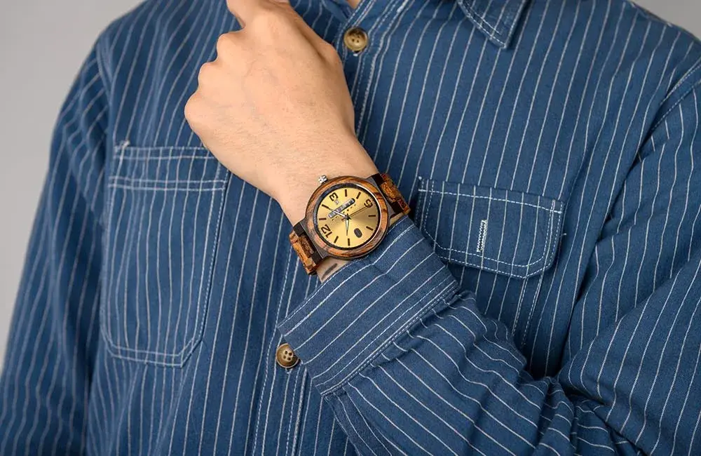 BOBO BIRD Yellow Dial Men's Zebra Wooden Quartz Watch 45.6mm (1.79in) | Week & Date Display Handmade Casual Watch - view 5