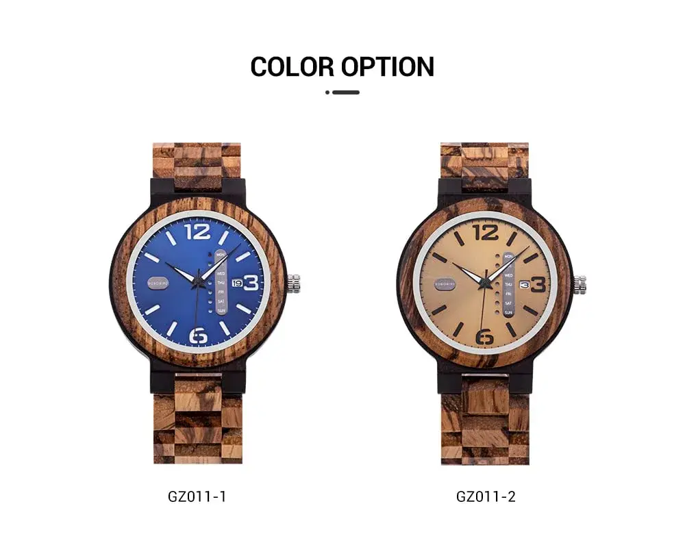 BOBO BIRD Yellow Dial Men's Zebra Wooden Quartz Watch 45.6mm (1.79in) | Week & Date Display Handmade Casual Watch - view 3