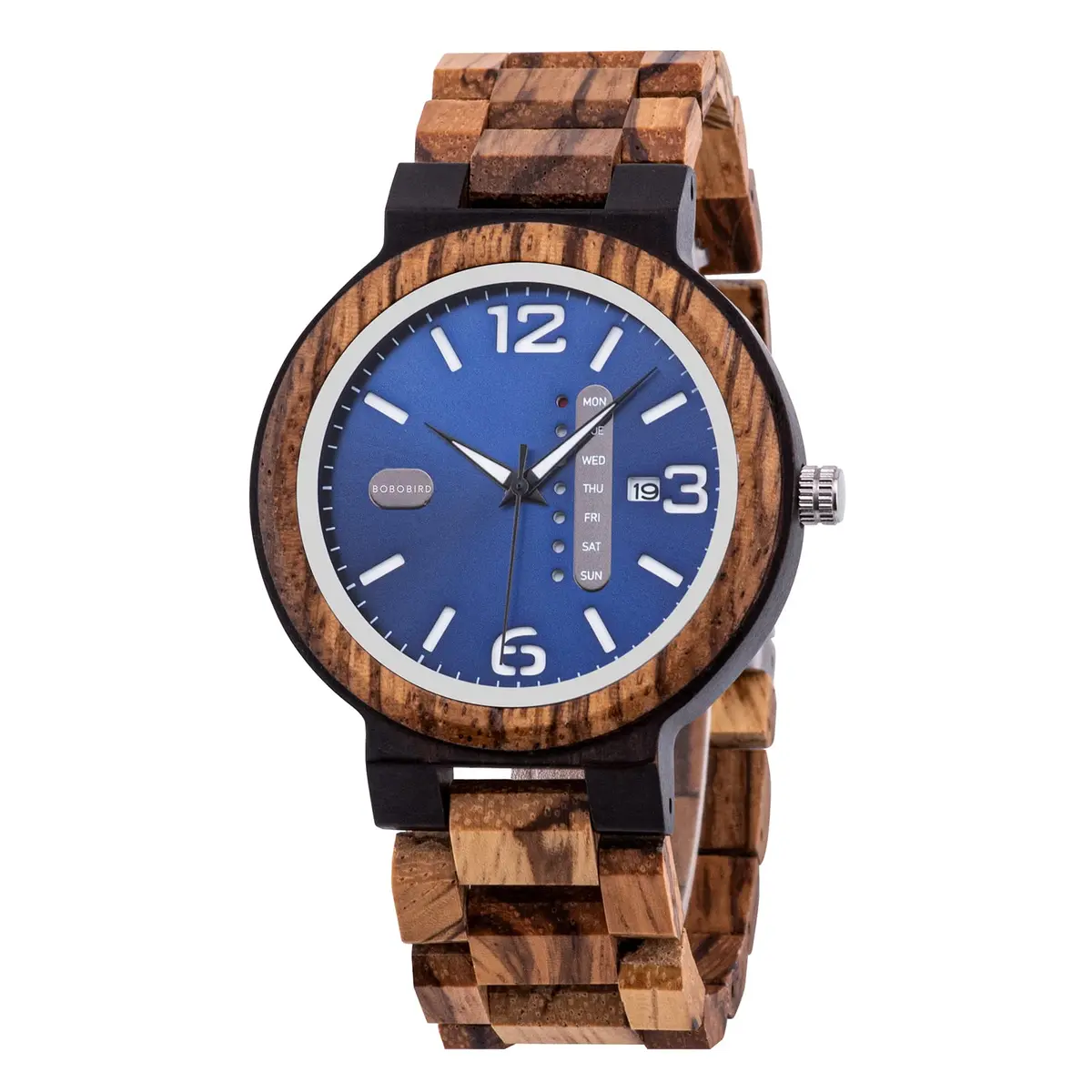 BOBO BIRD Zebra Wooden Watch Men's Blue Dial Week Date Display 45.6mm (1.8in) | Handmade Casual Quartz - main product image