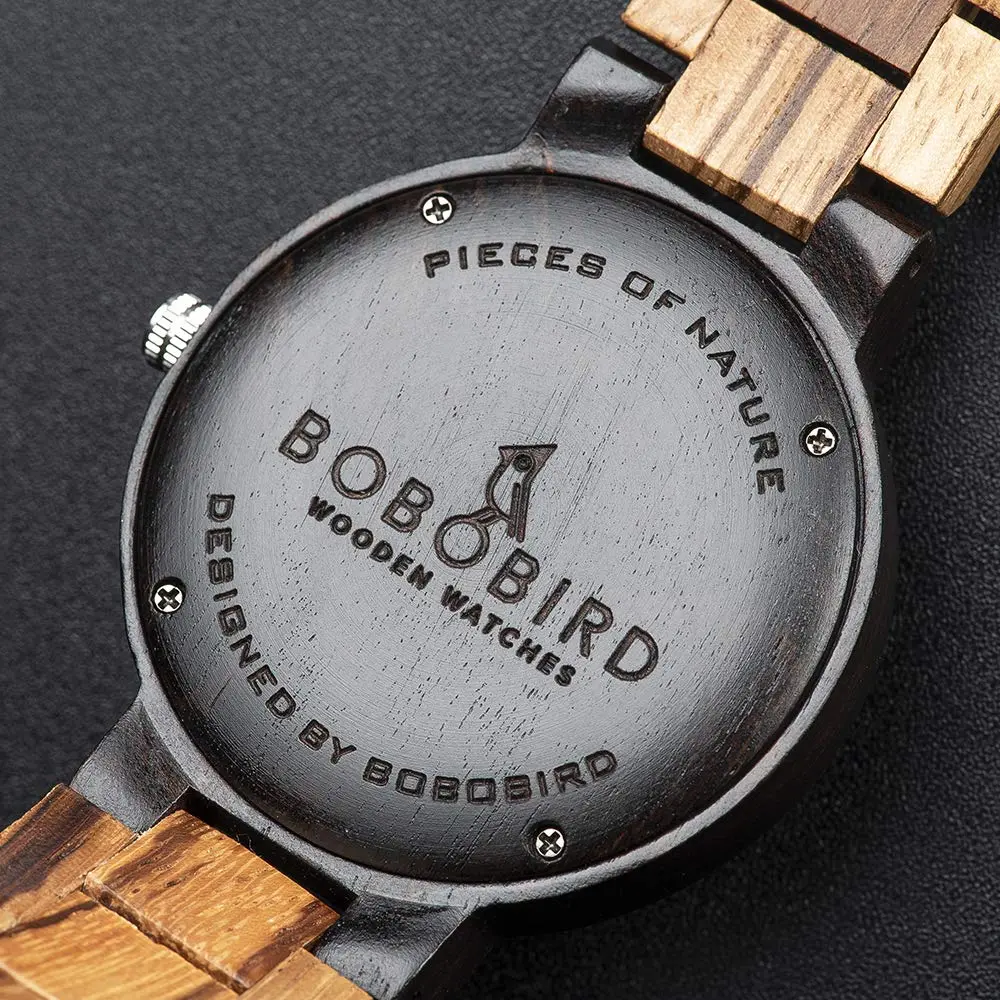 BOBO BIRD Zebra Wooden Watch Men's Blue Dial Week Date Display 45.6mm (1.8in) | Handmade Casual Quartz - view 6