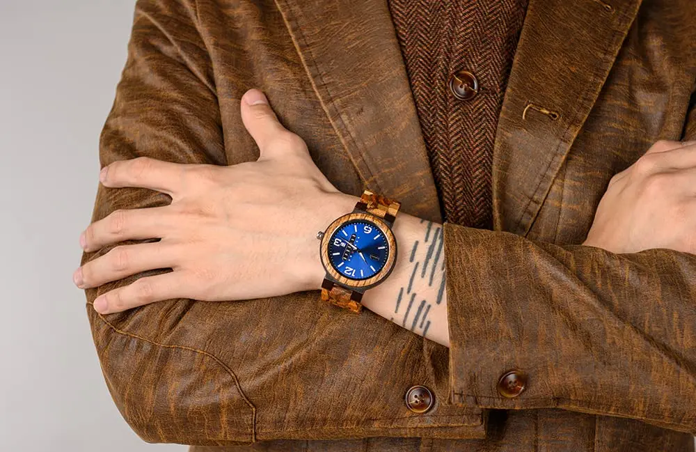 BOBO BIRD Zebra Wooden Watch Men's Blue Dial Week Date Display 45.6mm (1.8in) | Handmade Casual Quartz - view 9