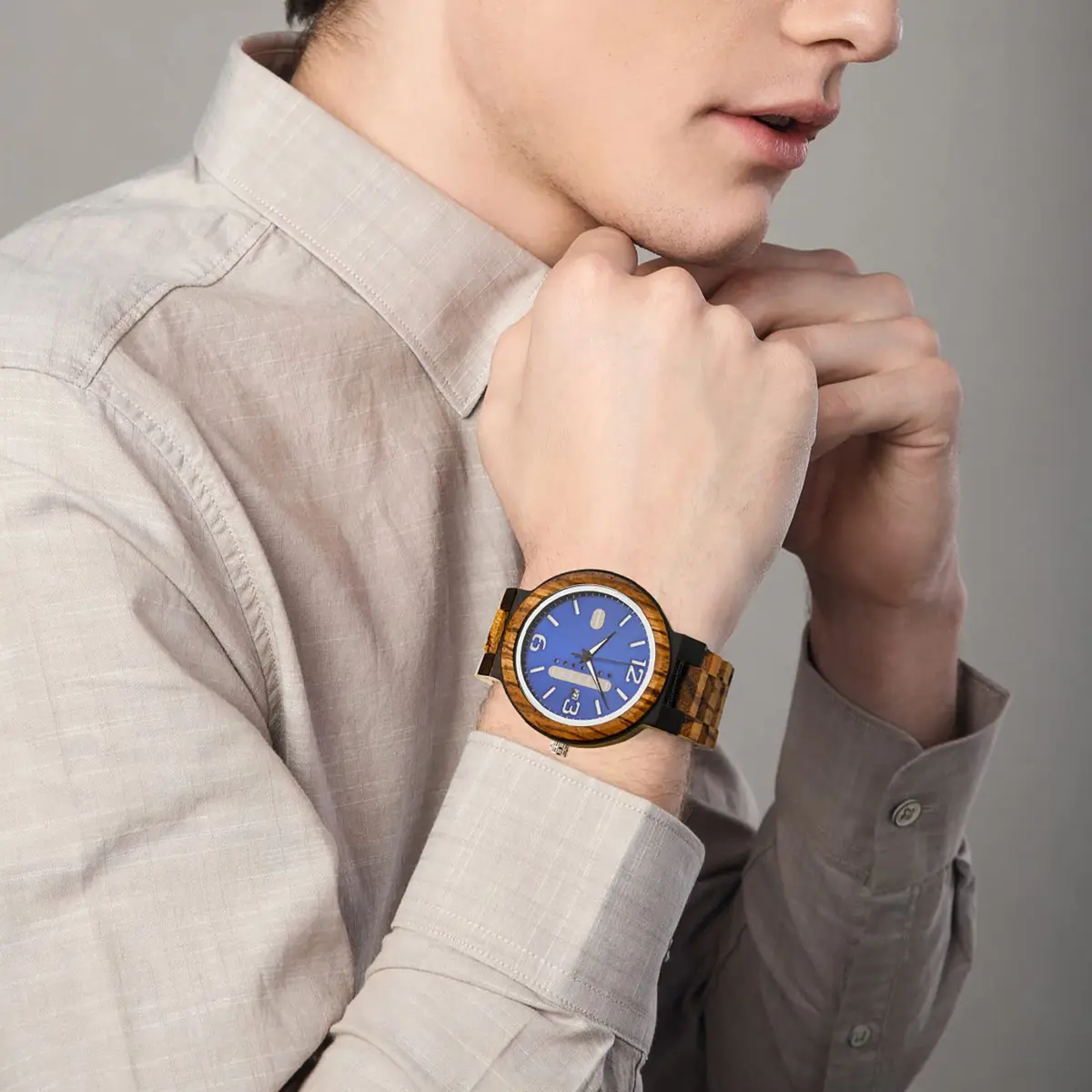 BOBO BIRD Zebra Wooden Watch Men's Blue Dial Week Date Display 45.6mm (1.8in) | Handmade Casual Quartz - view 2